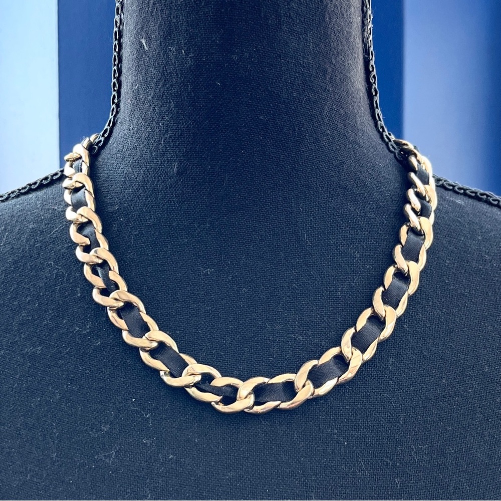 Black Satin Ribbon & Gold-tone Cuban Link Necklace